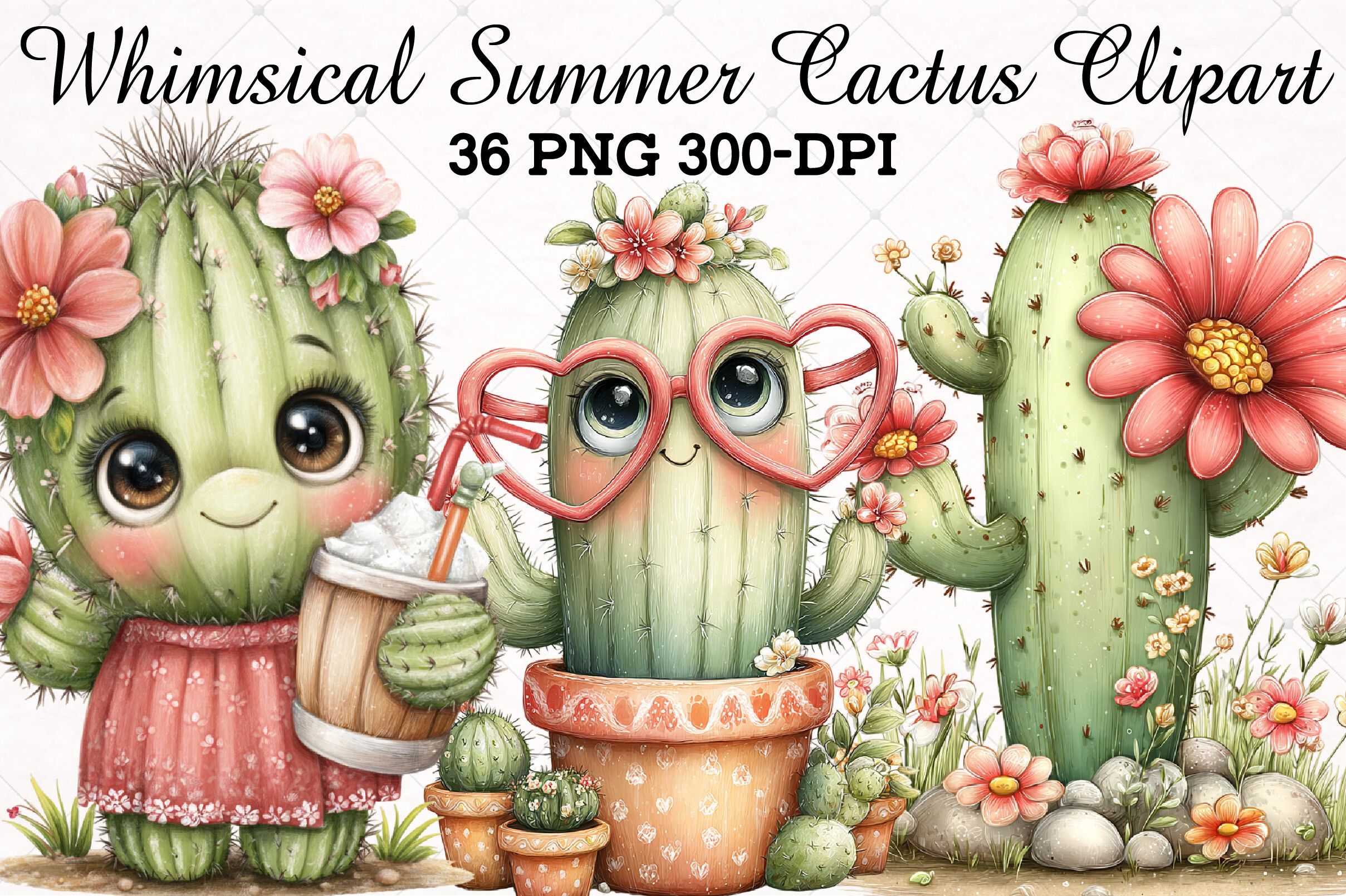 Whimsical Summer Cactus Clipart Set