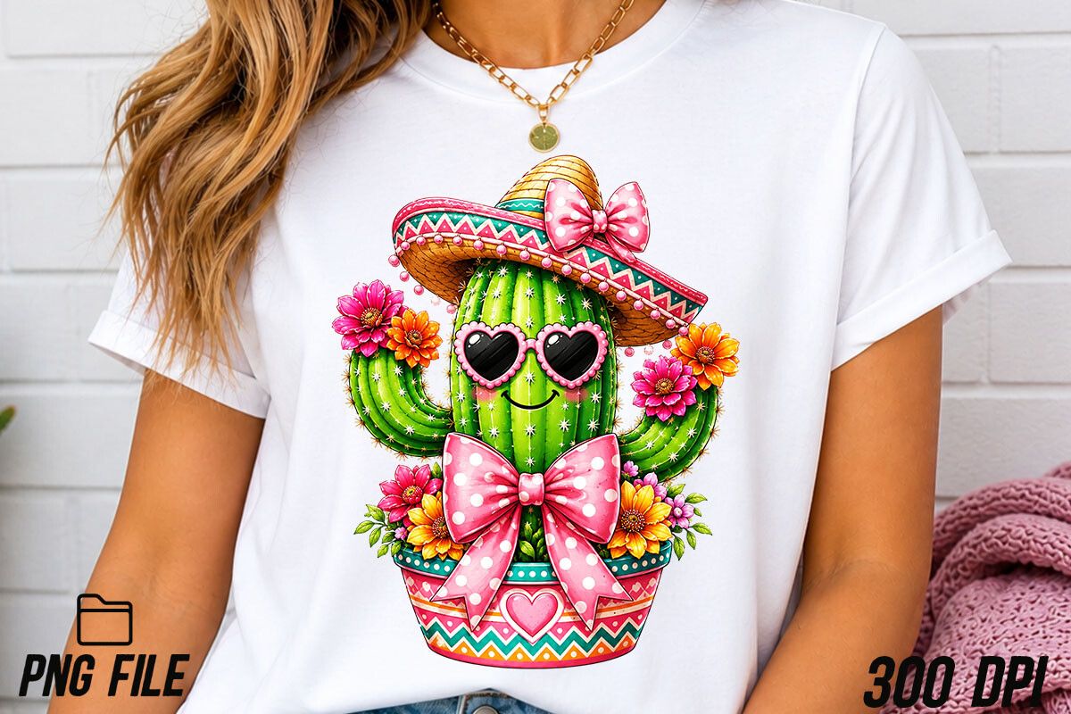 Festive Cactus in a Hat PNG Coquette Bow
