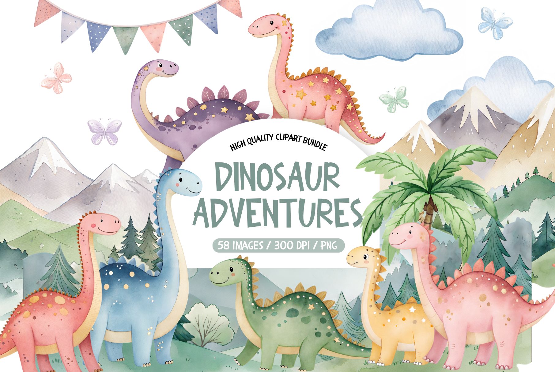 Watercolor Cute Dinosaur Clipart Set