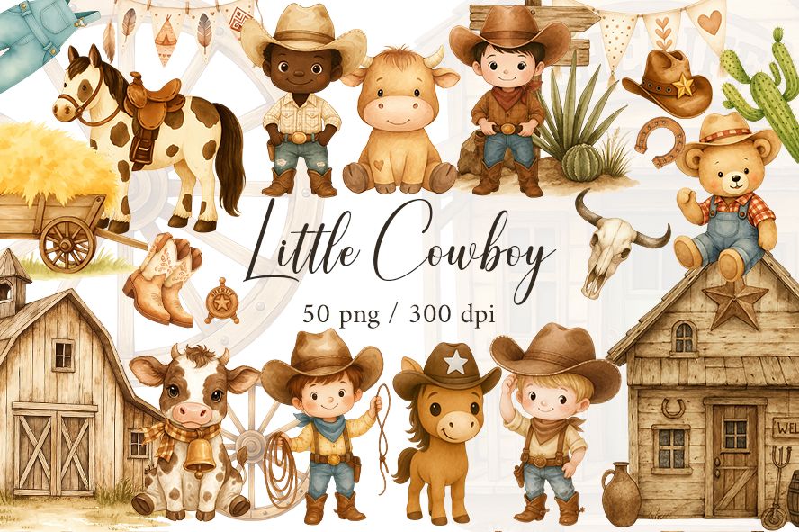 Cowboy Watercolor Clipart Bundle